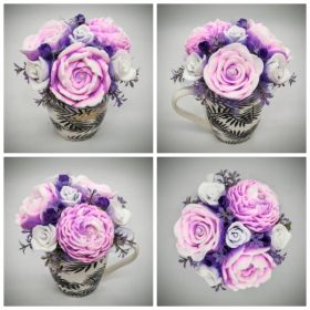   Szappanvirág csokor - Rózsaszín- lila-fehér vegyes szappanvirág csokor - fekete-arany mintás bögrében - 7.