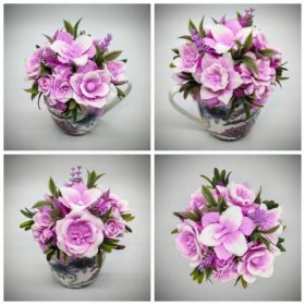   Szappanvirág csokor - Fukszia színű vegyes szappanvirág csokor - flamingós bögrében - 5.