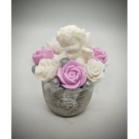   Szappanvirág csokor - Rózsaszín-fehér szappancsokor angyalkával - kis ezüst kaspóban - 1.
