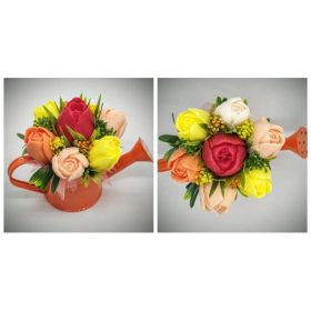   Szappanvirág csokor - Vegyes tulipán szappancsokor - kis narancs locsolókannában - 3.