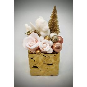   Szappanvirág  csokor - karácsonyi - fekvő angyallal - arany kocka kaspóban - 2.