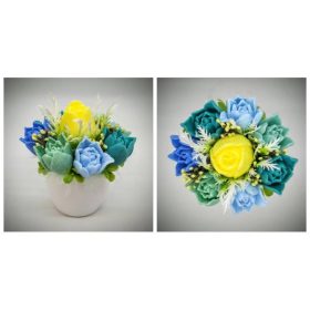   Szappanvirág csokor - kék-zöld-sárga vegyes tulipán csokor - kis fehér kaspóban - 2.