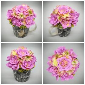   Szappanvirág csokor - rózsaszín-sárgás - szappanvirág csokor - fekete-arany leveles bögrében - 2.