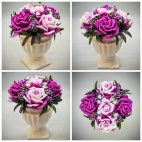   Szappanvirág csokor - fukszia - fehér csokor - fehér talpas kaspóban - 2.