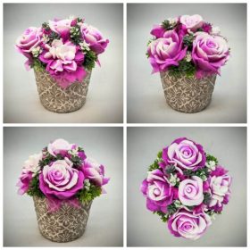   Szappanvirág csokor - fukszia - fehér csokor - kőkaspóban - 3.