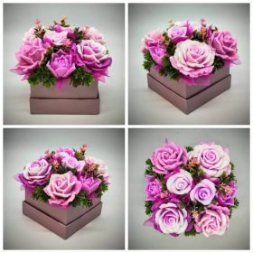   Szappanvirág csokor - fukszia - fehér csokor - metál rózsaszín dobozban - 4.