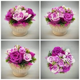   Szappanvirág csokor - fukszia - fehér csokor - kis fehér kaspóban - 1.