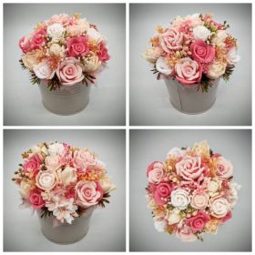   Szappanvirág csokor - Barack - korall vegyes szappanvirág csokor - bézs fém vödörben