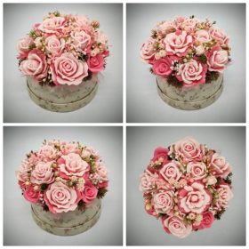   Szappanvirág csokor - Barack - korall vegyes szappanvirág csokor - apróvirágos kör dobozban