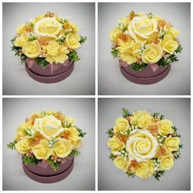   Szappanvirág csokor - Sárga szappanvirág csokor - rózsaszín metál kör dobozban