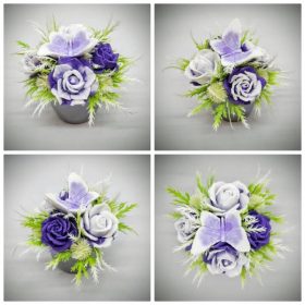   Szappanvirág csokor - Lila szappanvirág csokor - pillangóval - kis ezüst kaspóban - 4.