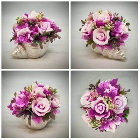   Szappanvirág csokor - Fukszia szappanvirág csokor - kis gipsz kagyló kaspóban - 2.