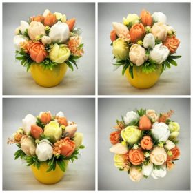   Szappanvirág - Barack-narancs vegyes tulipán szappanvirág csokor - közepes sárga kaspóban - 3.