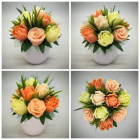   Szappanvirág - Barack-vegyes -tulipán szappanvirág csokor- fehér kis kaspóban - 2.