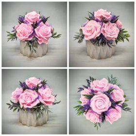   Szappanvirág csokor - Rózsaszín szappanvirág csokor - gyöngyház fehér gipsz kaspóban - 1