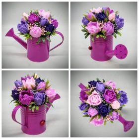   Szappanvirág csokor - Lila-rózsaszín tulipán szappanvirágcsokor - fukszia locsolókannában