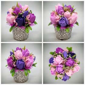   Szappanvirág csokor - Lila-rózsaszín vegyes színű tulipán szappanvirágcsokor - kis kőkaspóban - 3.