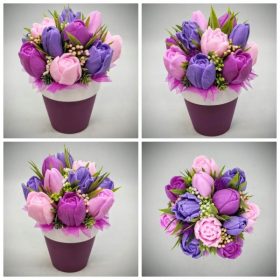   Szappanvirág csokor - Lila-rózsaszín vegyes színű tulipán szappanvirágcsokor - kis fukszia kaspóban - 5.