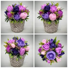   Szappanvirág csokor - Lila-rózsaszín vegyes színű tulipán szappanvirágcsokor - kőkaspóban - 9.