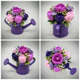   Szappanvirág csokor - Lila-rózsaszín vegyes színű tulipán szappanvirágcsokor - sötétlila locsolókannában - 2.