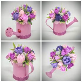   Szappanvirág csokor - Lila-rózsaszín vegyes színű tulipán szappanvirágcsokor - világos rózsaszín locsolókannában - 7.