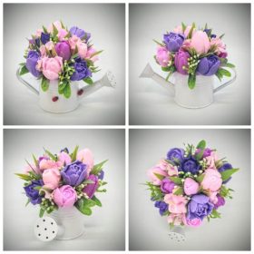   Szappanvirág csokor - Lila-rózsaszín vegyes színű tulipán szappanvirágcsokor - fehér locsolókannában - 3.