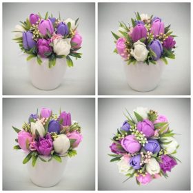   Szappanvirág csokor - Lila-rózsaszín vegyes színű tulipán szappanvirágcsokor - fehér kaspóban - 5.