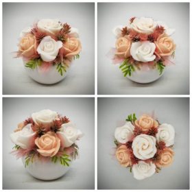   Szappanvirág csokor - Barack-fehér rózsa szappanvirág csokor - fehér kaspóban - 1.