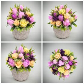   Szappanvirág csokor - Sárga rózsa-rózsaszín tulipán - vegyes - szappanvirág csokor - fehér kőkaspóban - 4.