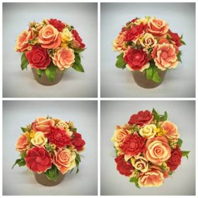   Szappanvirág csokor - Piros - sárga szappanvirág csokor - arany kaspóban - 2.