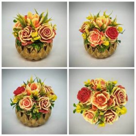   Szappanvirág csokor - Piros - sárga- narancs szappanvirág csokor - arany bordás kaspóban - 3.