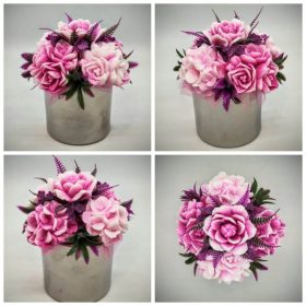   Szappanvirág csokor - Magenta szappanvirág csokor - ezüst kör kaspóban - 1.