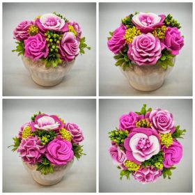   Szappanvirág csokor - Magenta szappanvirág csokor - sárga bogyókkal - fehér kaspóban - 5.