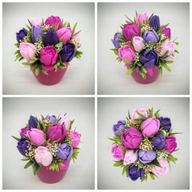   Szappanvirág csokor - Lila vegyes tulipán szappanvirág csokor - fukszia kaspóban - 4.