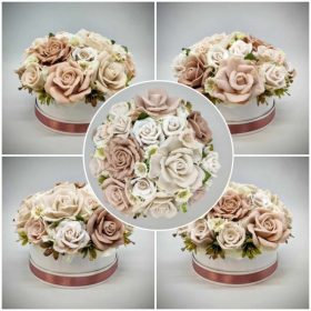   Szappanvirág csokor - Bézs - szappanvirág csokor - fehér kördobozban - 1.