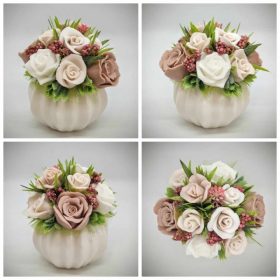   Szappanvirág csokor - Bézs - szappanvirág csokor - fehér bordás gömb kaspóban - 2.