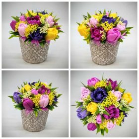   Szappanvirág csokor - Lila-rózsaszín-sárga vegyes tulipán szappanvirág csokor - kőkaspóban - 4.