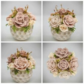   Szappanvirág csokor - Bézs - szappanvirág csokor - fehér körmintás gömb kaspóban - 3.