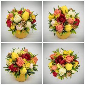   Szappanvirág csokor - Piros-sárga-narancs vegyes tulipán szappanvirág csokor - sárga kaspóban - 5.