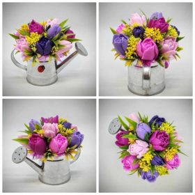   Szappanvirág csokor - Lila-rózsaszín vegyes tulipán szappanvirág csokor - ezüst kis locsolókannában - 2.