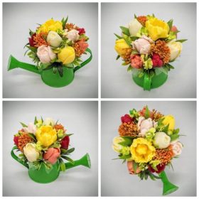   Szappanvirág csokor - Piros-sárga-narancs vegyes tulipán szappanvirág csokor - zöld kis locsolókannában - 9.