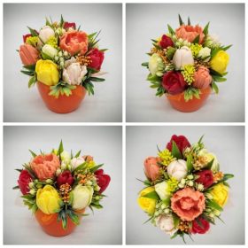   Szappanvirág csokor - Piros-sárga-narancs vegyes tulipán szappanvirág csokor - narancs kaspóban - 6.