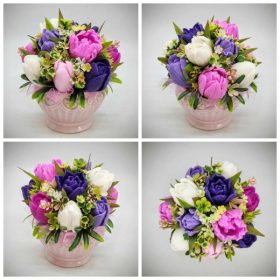   Szappanvirág csokor - Lila vegyes tulipán szappanvirág csokor - kis rózsaszín kaspóban - 1.