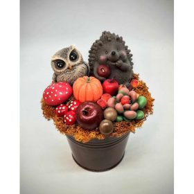   Szappanvirág csokor - Sünis - katicás szappanvirág csokor - barna fém kaspóban - 1.