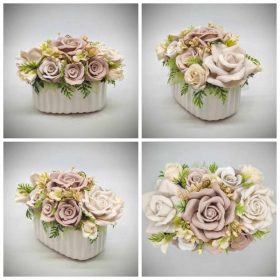   Szappanvirág csokor - Bézs - szappanvirág csokor - fehér bordázott ovális kaspóban - 4.