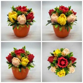   Szappanvirág csokor - Vegyes tulipán szappanvirág csokor - kis narancs kaspóban - 1.