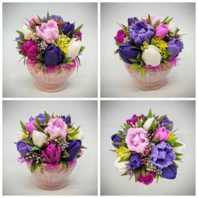   Szappanvirág csokor - Lila vegyes tulipán szappanvirág csokor - kis rózsaszín kaspóban - 2.