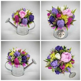   Szappanvirág csokor - Lila vegyes tulipán szappanvirág csokor - kis ezüst locsolókannában - 4.