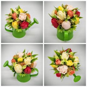   Szappanvirág csokor - Piros-sárga-narancs vegyes tulipán szappanvirág csokor - zöld kis locsolókannában - 8.