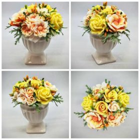   Szappanvirág csokor - Sárga-narancs vegyes szappanvirág csokor - fehér kupa kaspóban - 5.